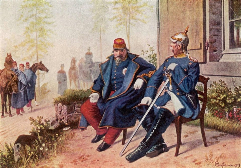 Captured French Napoleon III with Otto von Bismarck after defeat at the Battle of Sedan September 2nd, 1870, by Wilhelm Camphausen (1818-1885), painted in 1878.